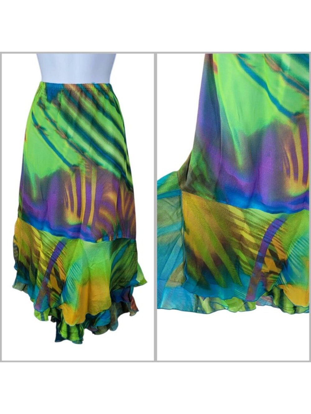 Plus Size Skirt 2X  Midi Stretch Waist Pull On Gauze Flare Layered Neon Tropical